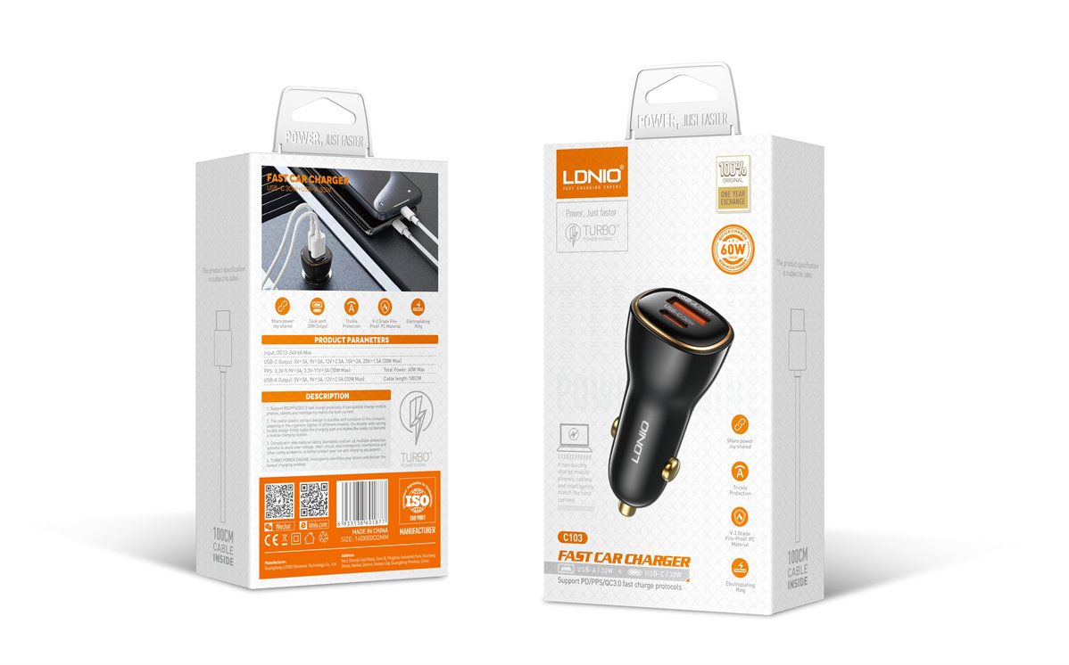 65b8bb029ffbc LDNIO 60W PD QC Super Fast Car charger C103 - Image 1